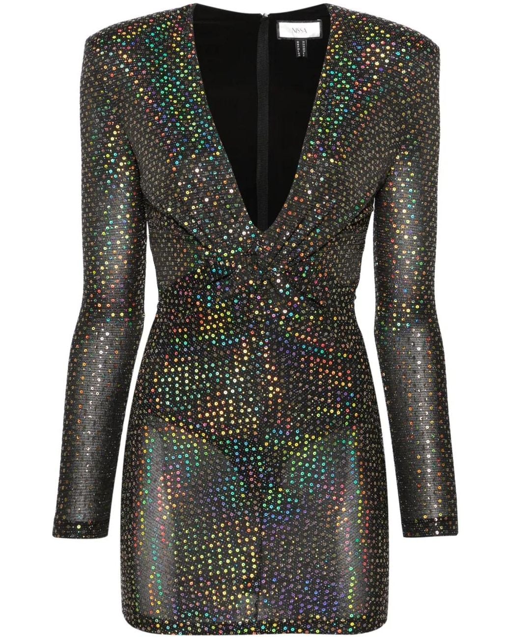 Nissa Black Long-Sleeve Sequined Minidress