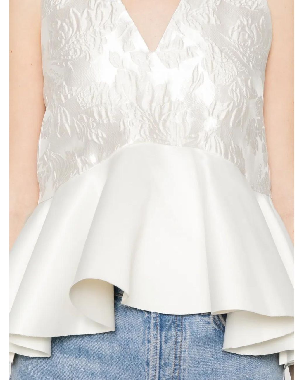 Ganni White Satin Cloque Sleeveless Peplum Blouse
