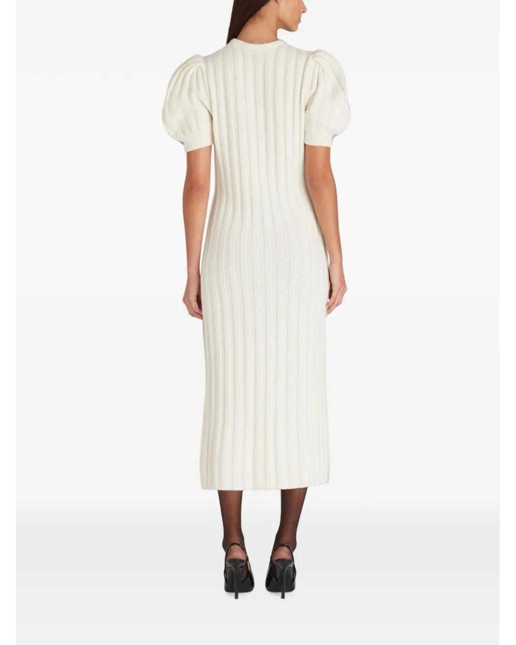 Violante Nessi White Ribbed-Knit Puff-Sleeve Midi Dress