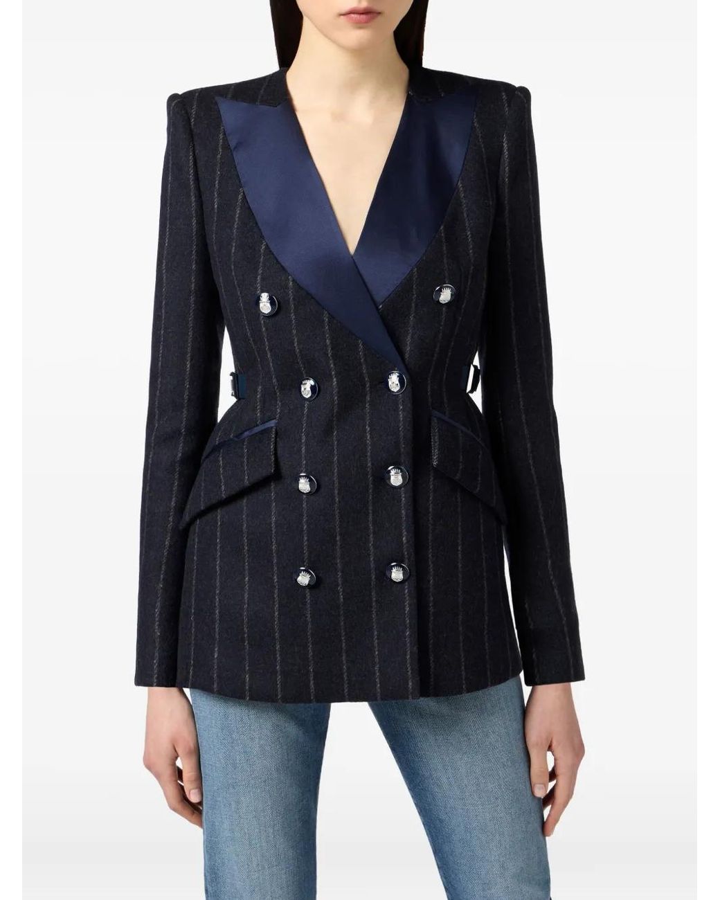 Elisabetta Franchi Blue Pinstripe Satin-Lapel Blazer