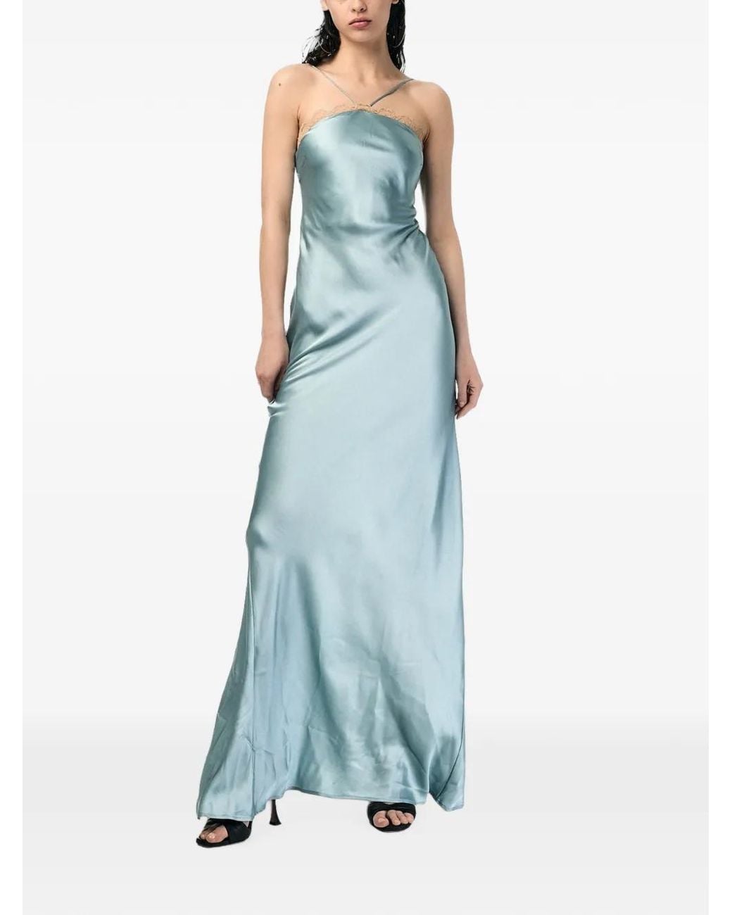 ANDRA ANDREESCU Blue Lace-Trim Halterneck Maxi Dress