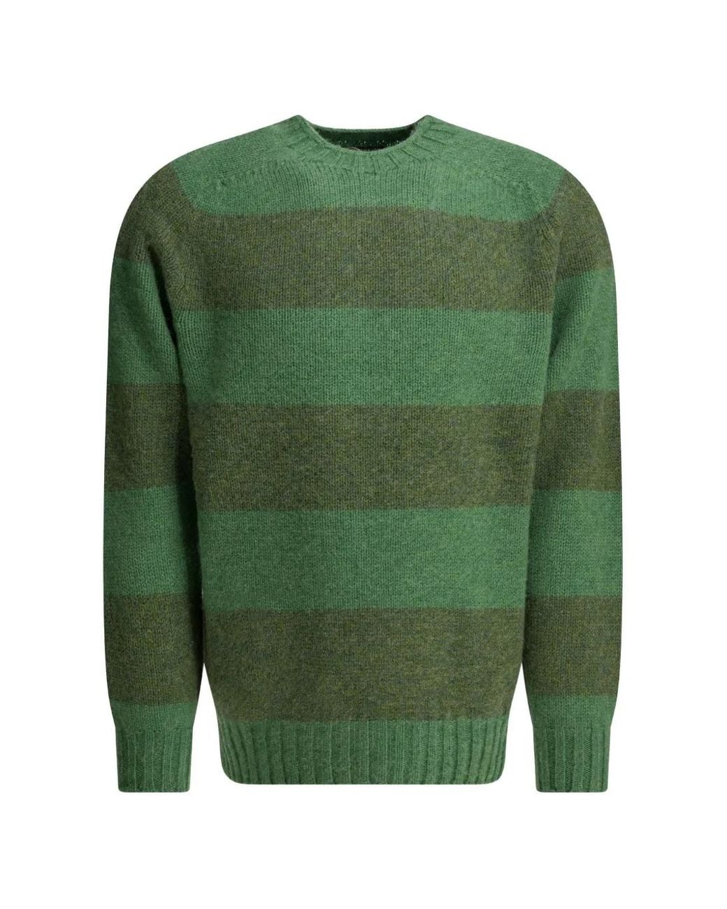 Beams Plus Green Striped Crew-Neck Sweater for men