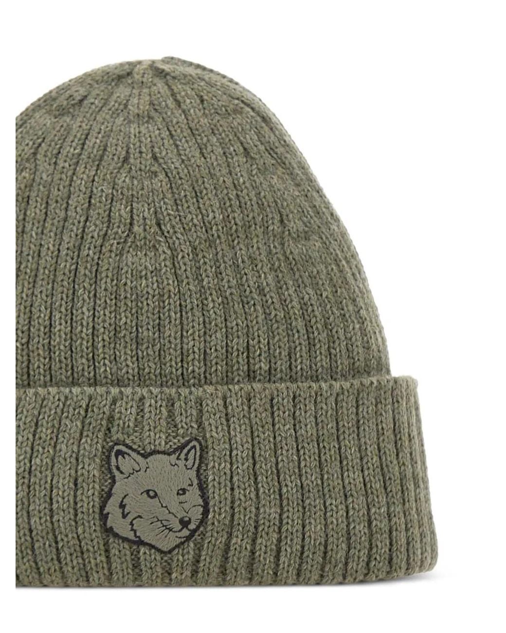 Maison Kitsuné Green Fox-Head Ribbed Beanie