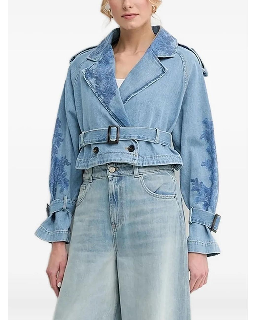 ERMANNO FIRENZE Blue Embroidered Belted Denim Jacket