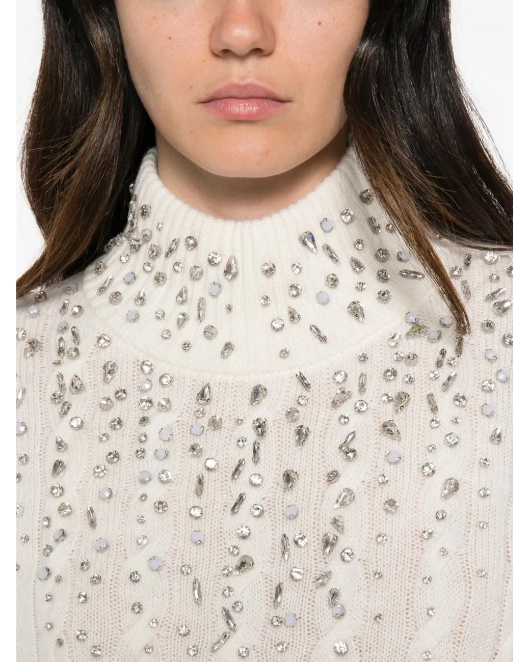 ERMANNO FIRENZE White Crystal-Embellished Cable-Knit Sweater