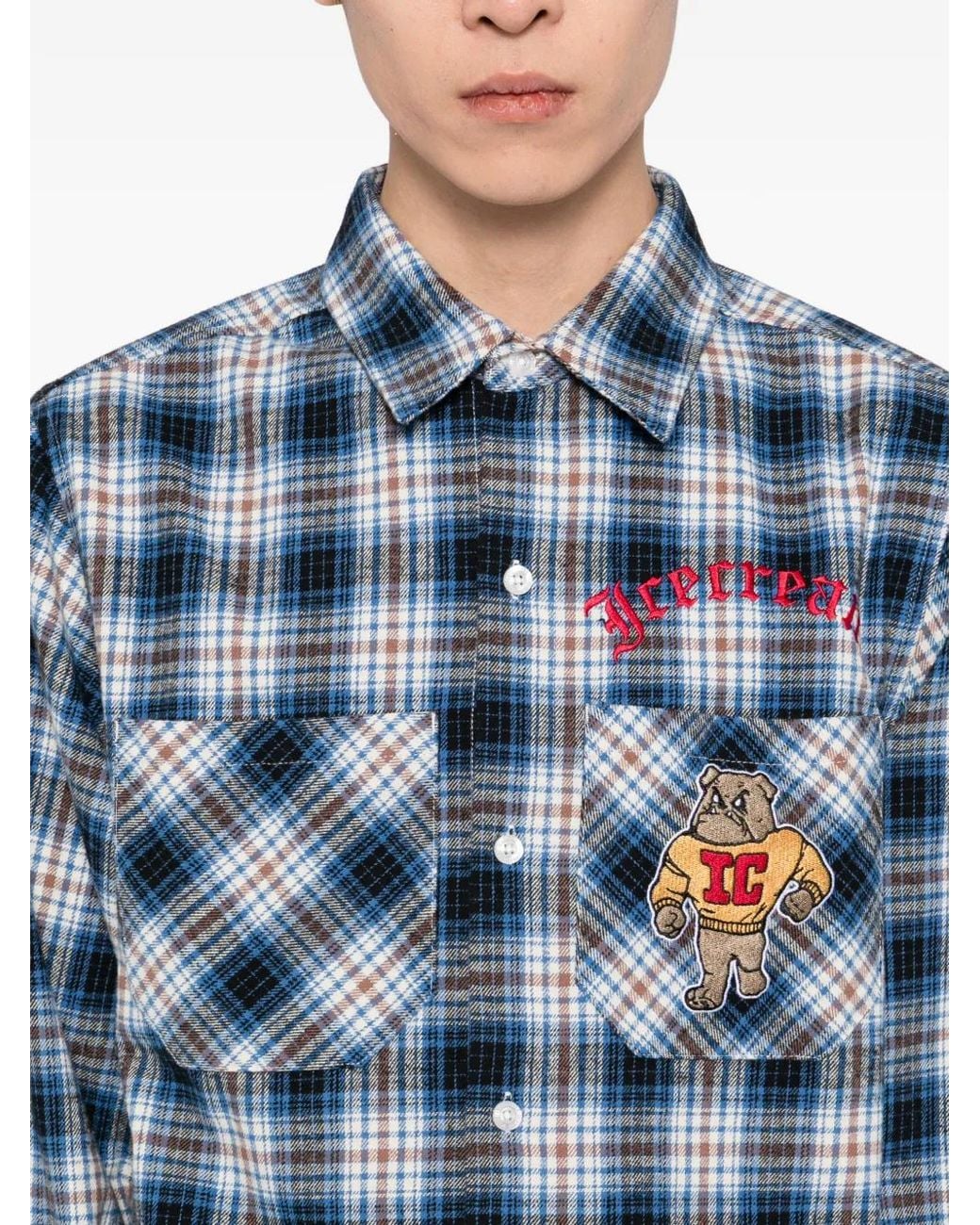 ICECREAM Blue Mascot-Embroidered Checked Shirt for men