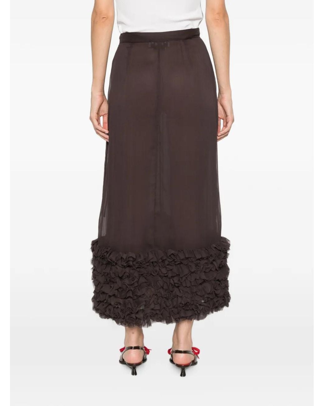 MSGM Brown Ruffled-Trim Midi Skirt