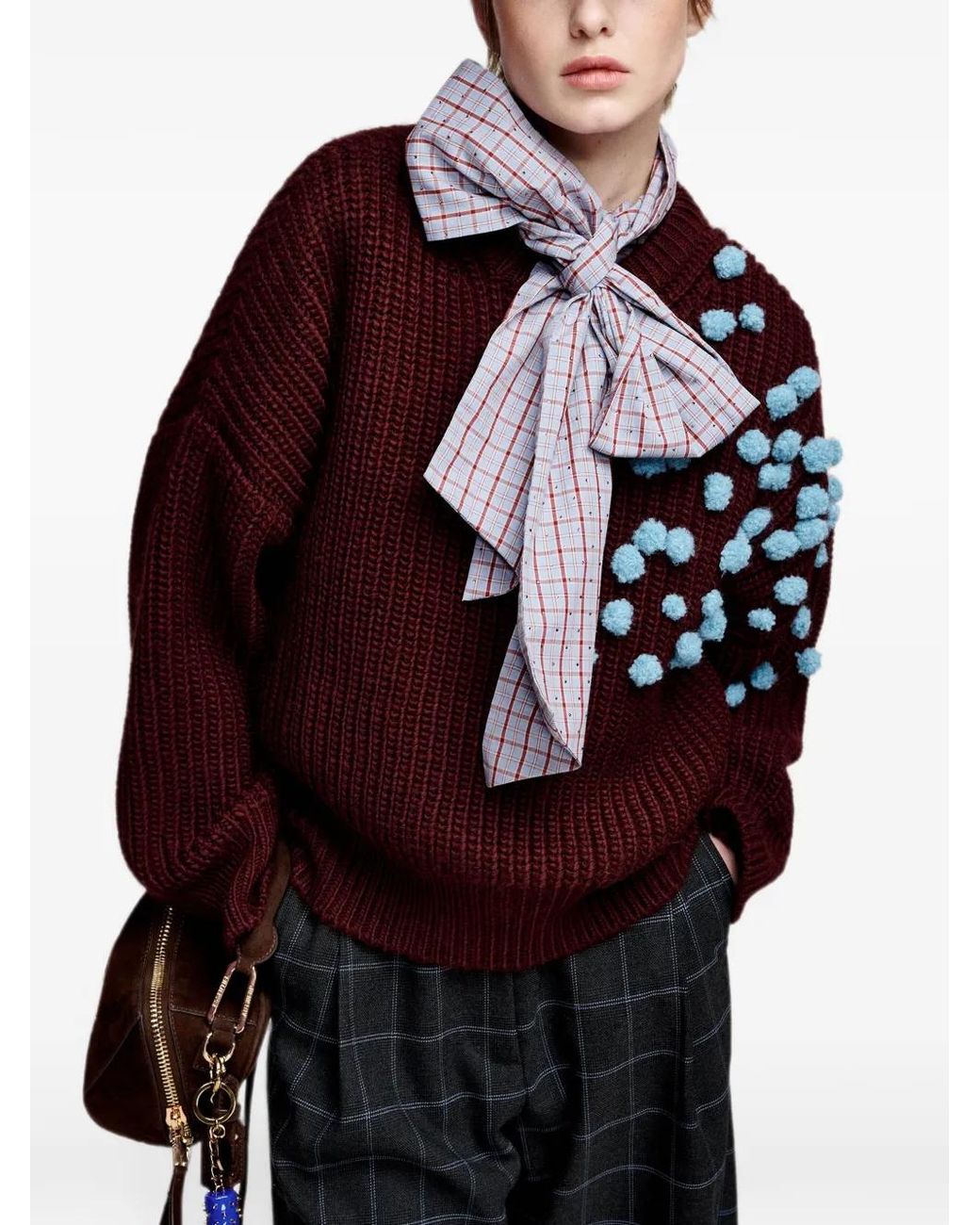 Essentiel Antwerp Red Pompom-Embellished Chunky-Knit Sweater