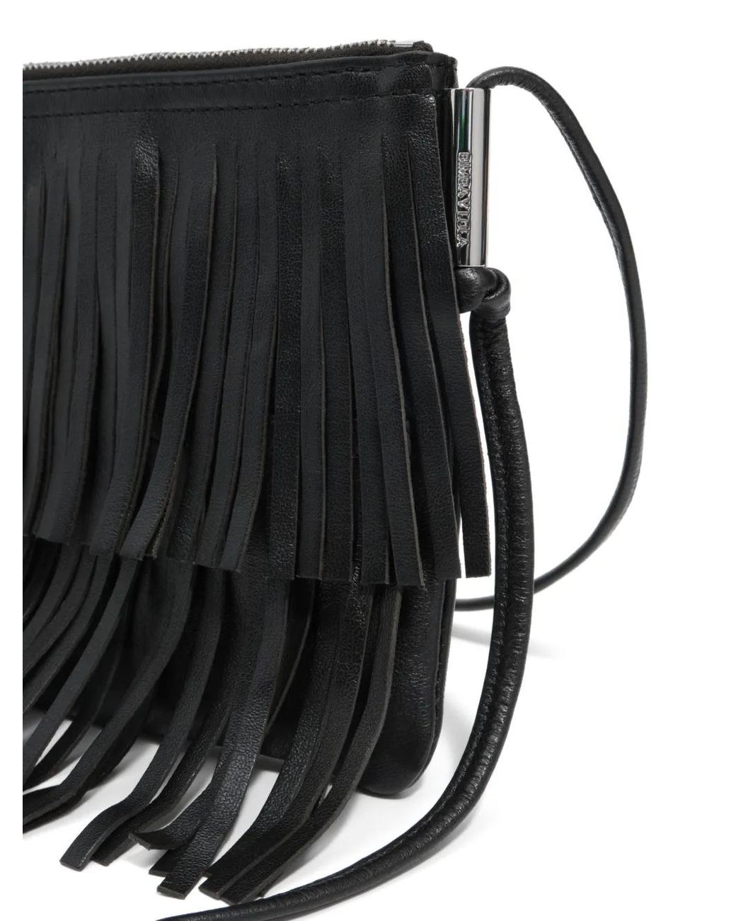 Bimba Y Lola Black Small Leather Fringed Clutch Bag