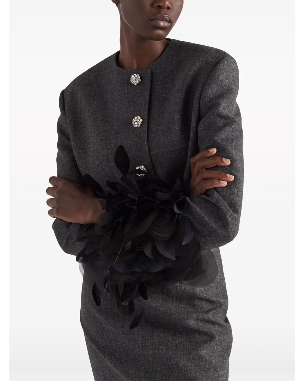 Prada Black Feather-Trimmed Wool Cropped Jacket