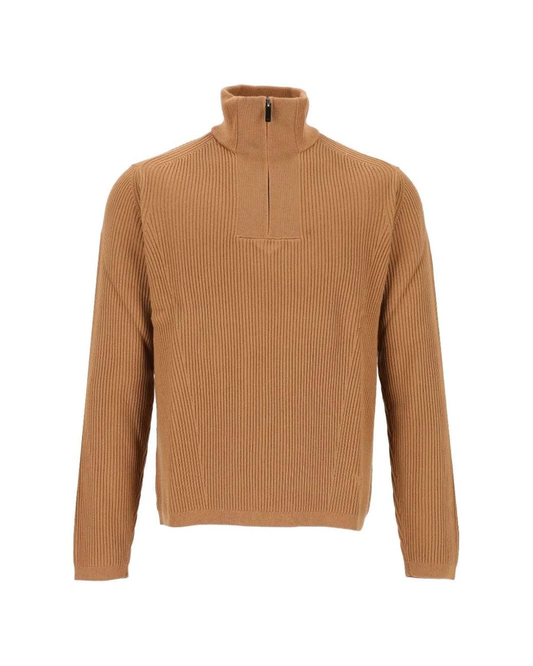 Emporio Armani Brown Ribbed-Knit Quarter-Zip Sweater for men