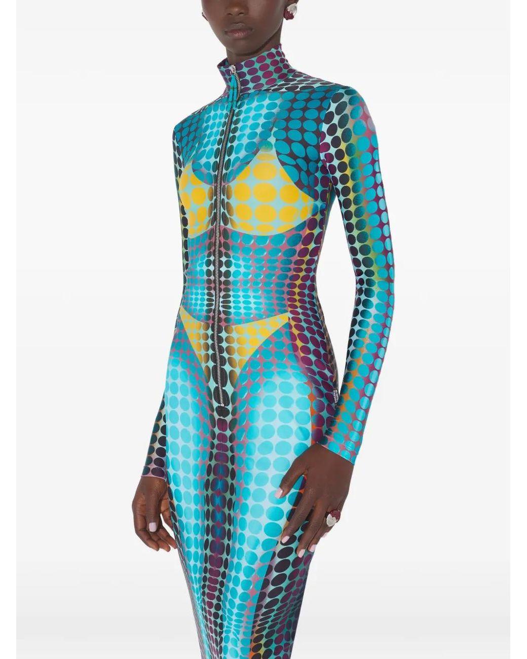 Jean Paul Gaultier Blue High-Neck Dots-Print Midi Dress