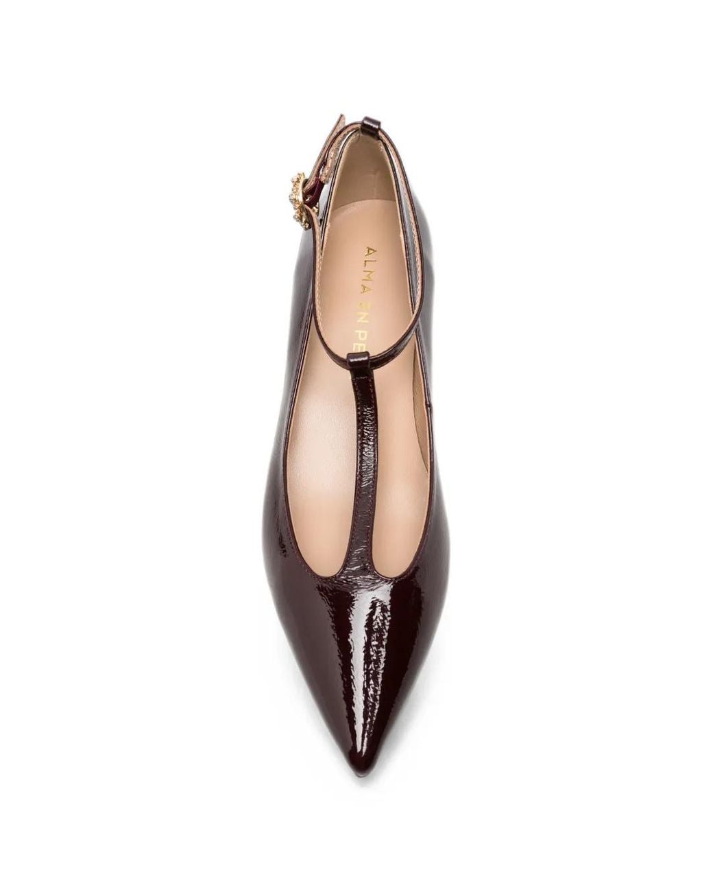 Alma En Pena. Brown T-Bar Pointed-Toe Pumps