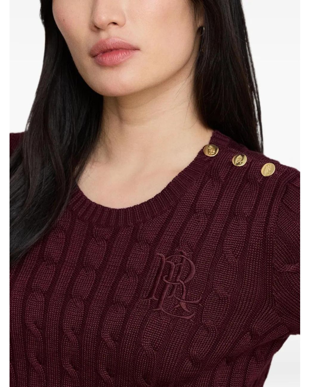 Ralph Lauren Purple Buttoned-Shoulder Cable-Knit Sweater