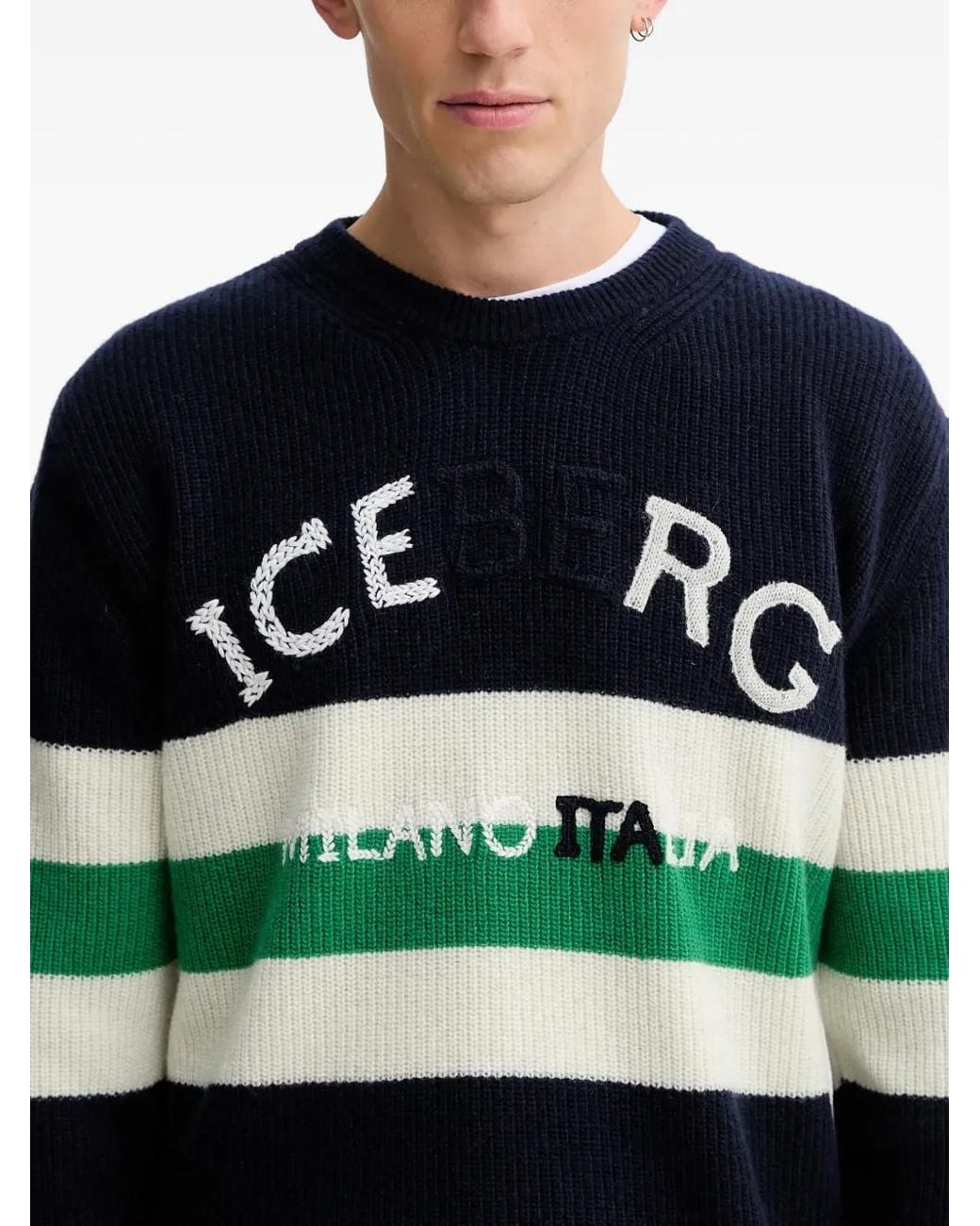 Iceberg Blue Intarsia Striped Sweater for men