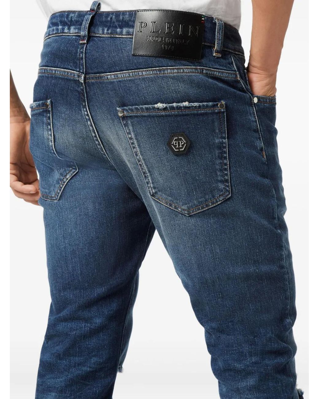 Philipp Plein Blue Distressed Logo-Plaque Jeans for men
