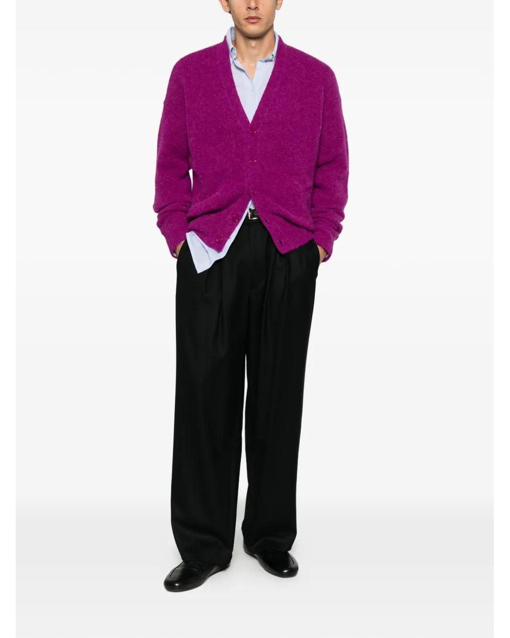 AMI Purple Brushed-Knit V-Neck Cardigan for men