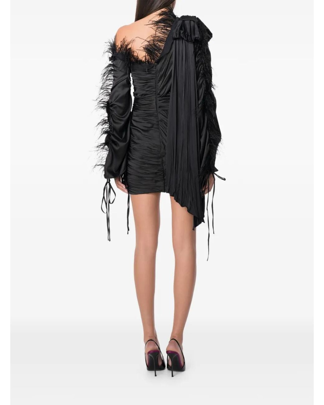 NORINA ST Black Jamila Feather-Trim Ruched Mini Dress