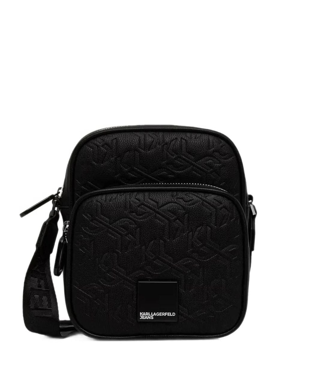 Karl Lagerfeld Black Monogram-Embossed Messenger Bag for men