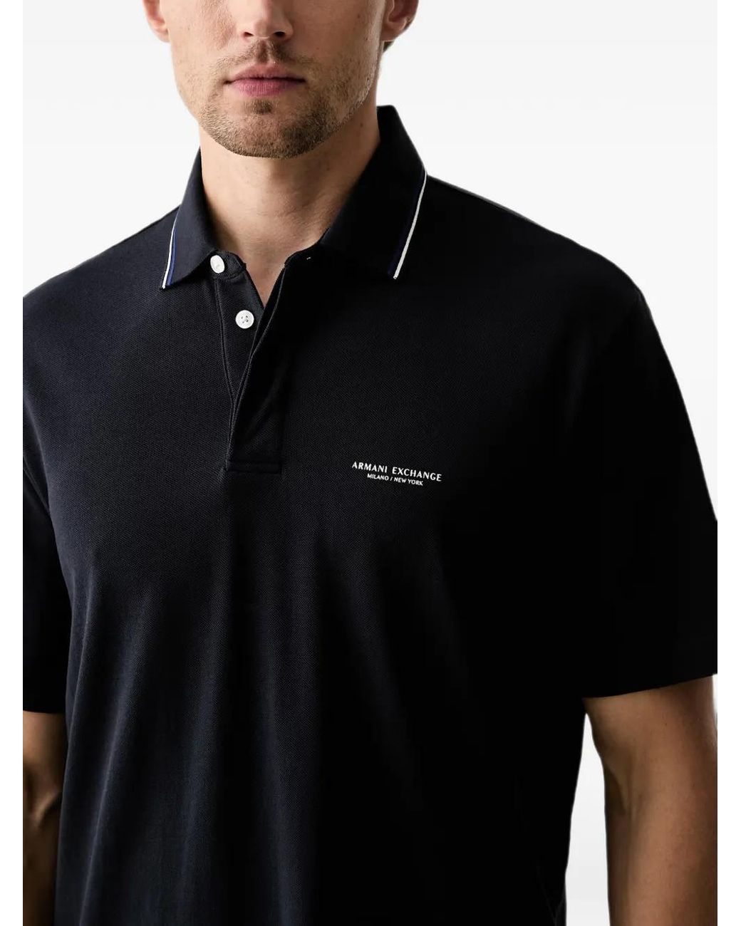 ARMANI EXCHANGE Black Logo-Print Tipped Polo Shirt for men