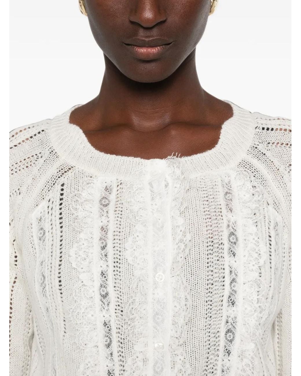 Ermanno Scervino White Lace-Panelled Pointelle-Knit Cardigan