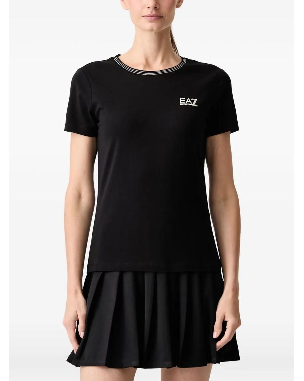 EA7 Black Logo-Print Striped-Trim T-Shirt