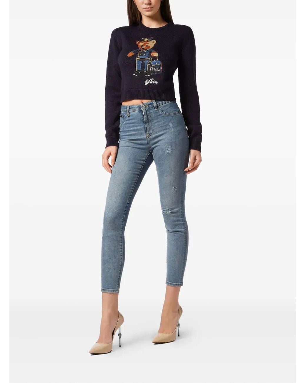 Philipp Plein Blue Cropped Round Neck Pullover Teddy Doorman