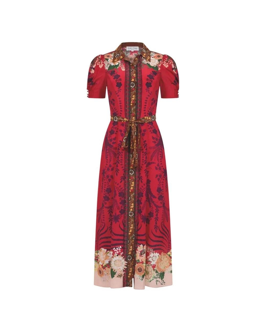 Saloni Red Vanessa Floral-Print Belted Maxi Dress