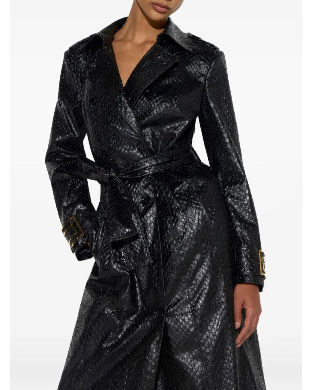 Elisabetta Franchi Black Scale-Texture Trench Coat