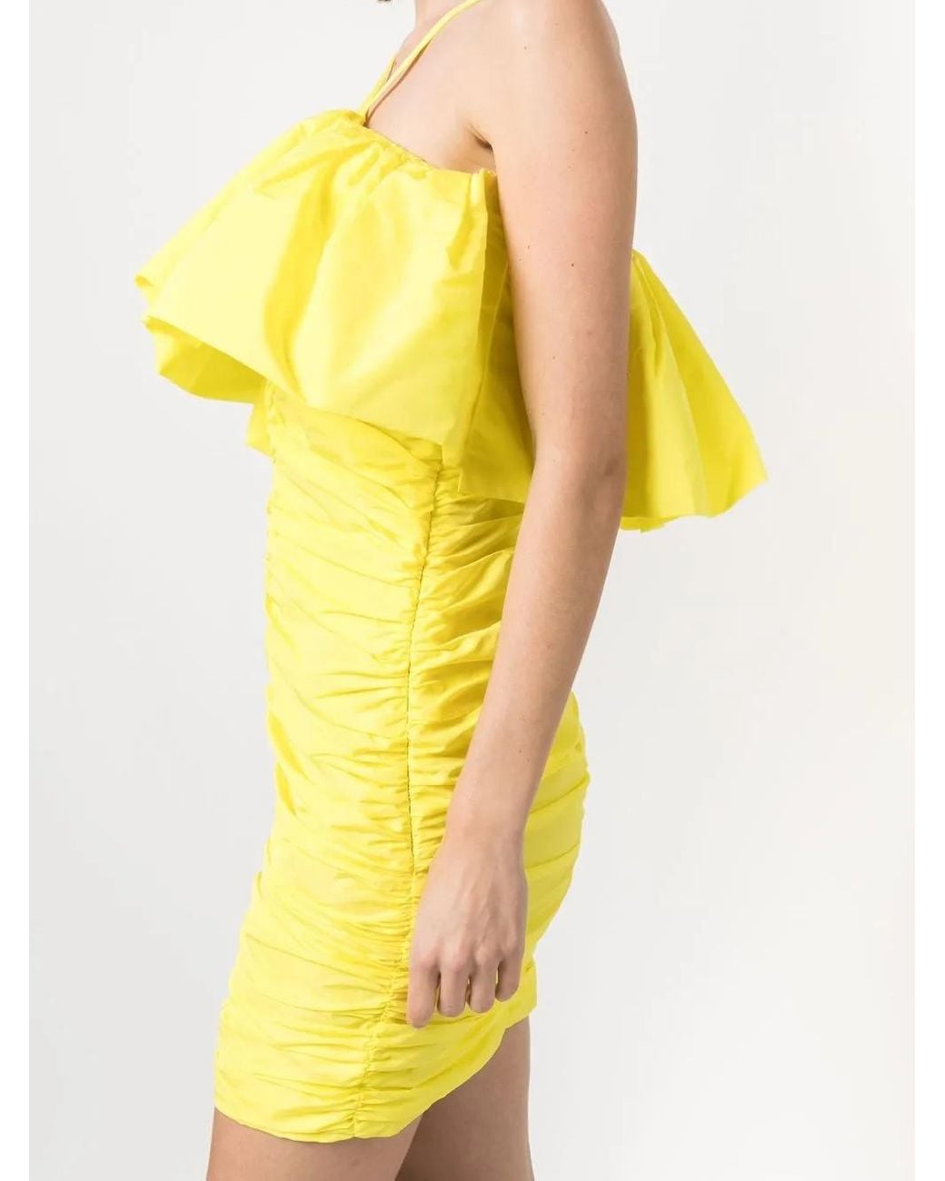 MSGM Yellow Ruched Ruffle-Trim Mini Dress
