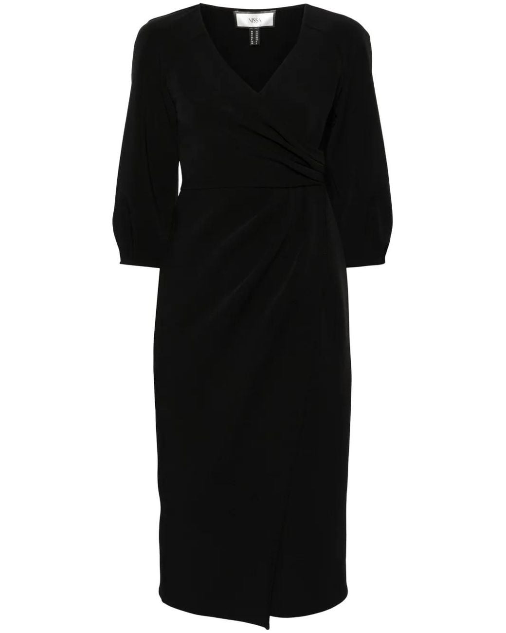 Nissa Black Wrap-Design Crepe Midi Dress