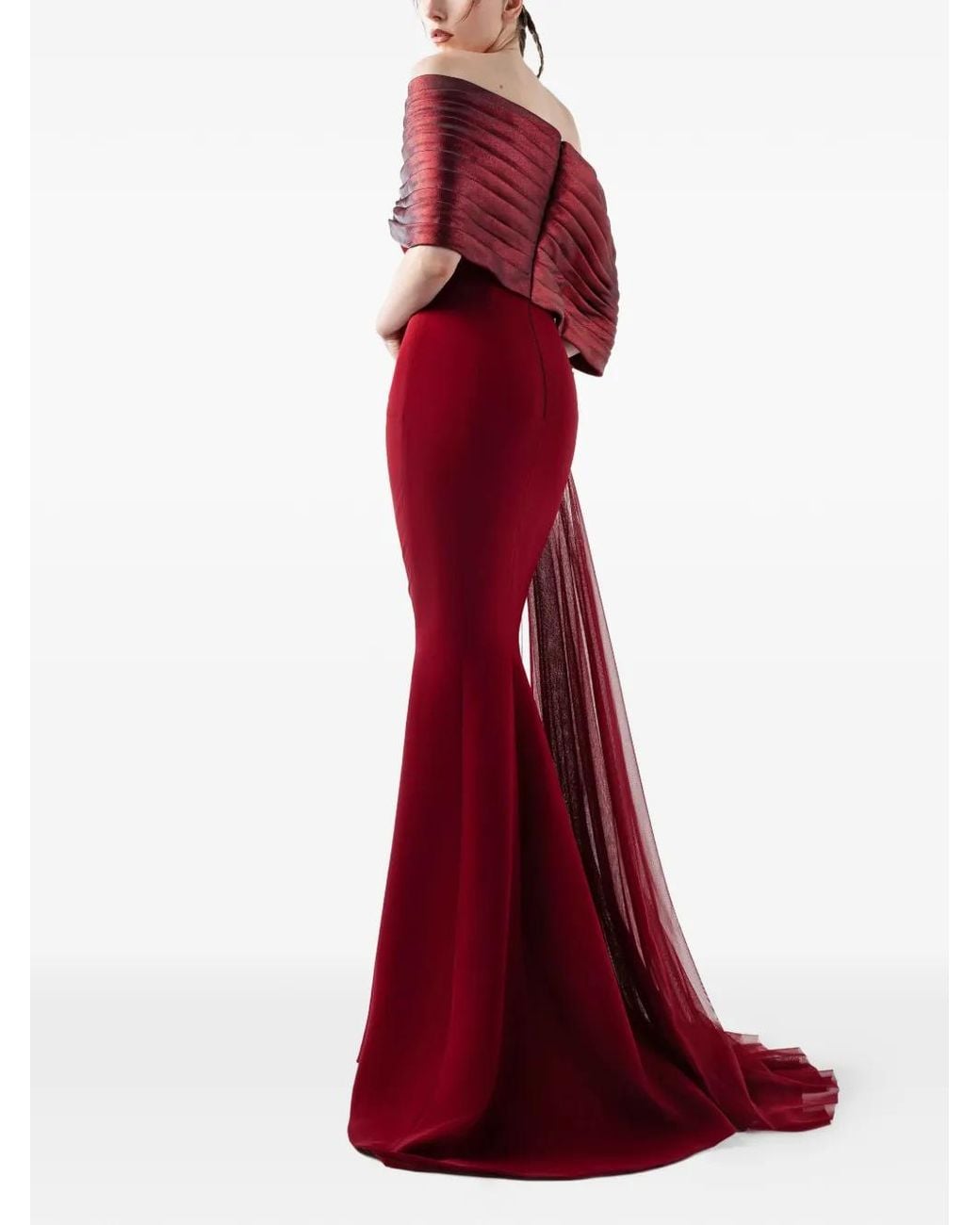 Gaby Charbachy Red Robe Longue À Fleurs Et À Épaules Dénudées