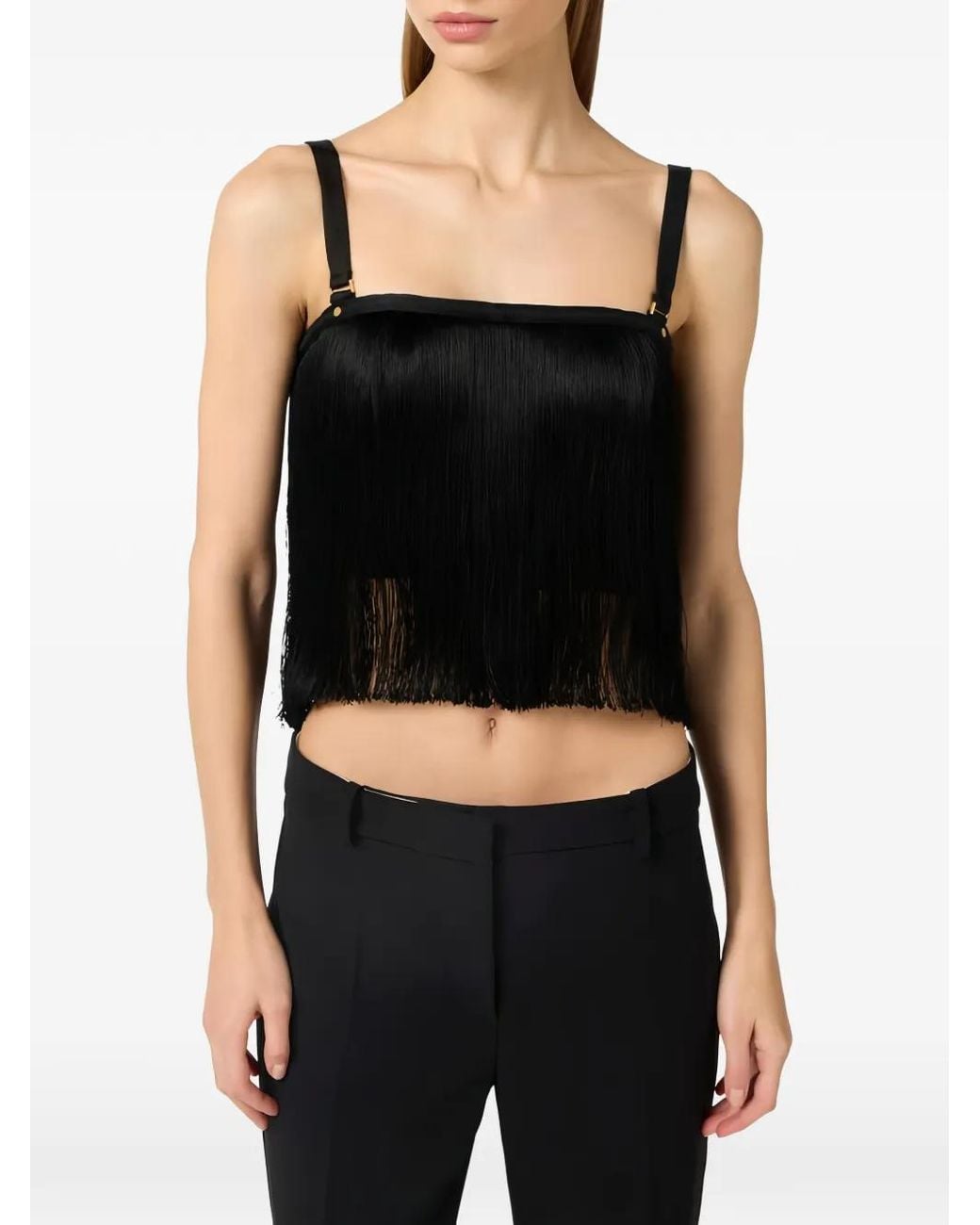 Elisabetta Franchi Black Tulle Top With Fringes