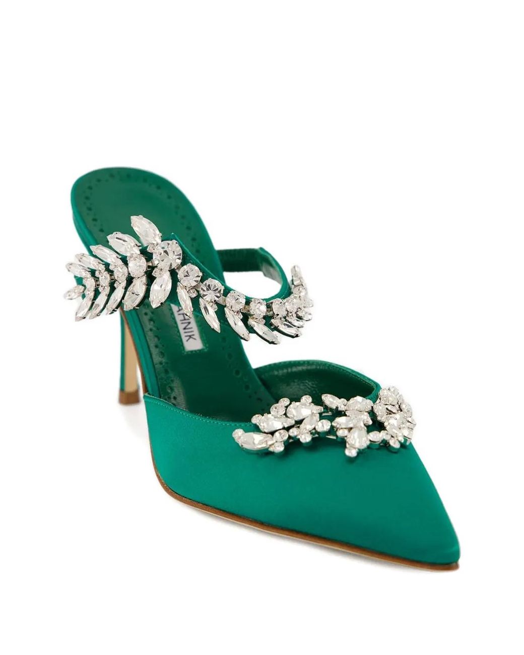 Manolo Blahnik Green 90Mm Crystal-Embellished Satin Mules