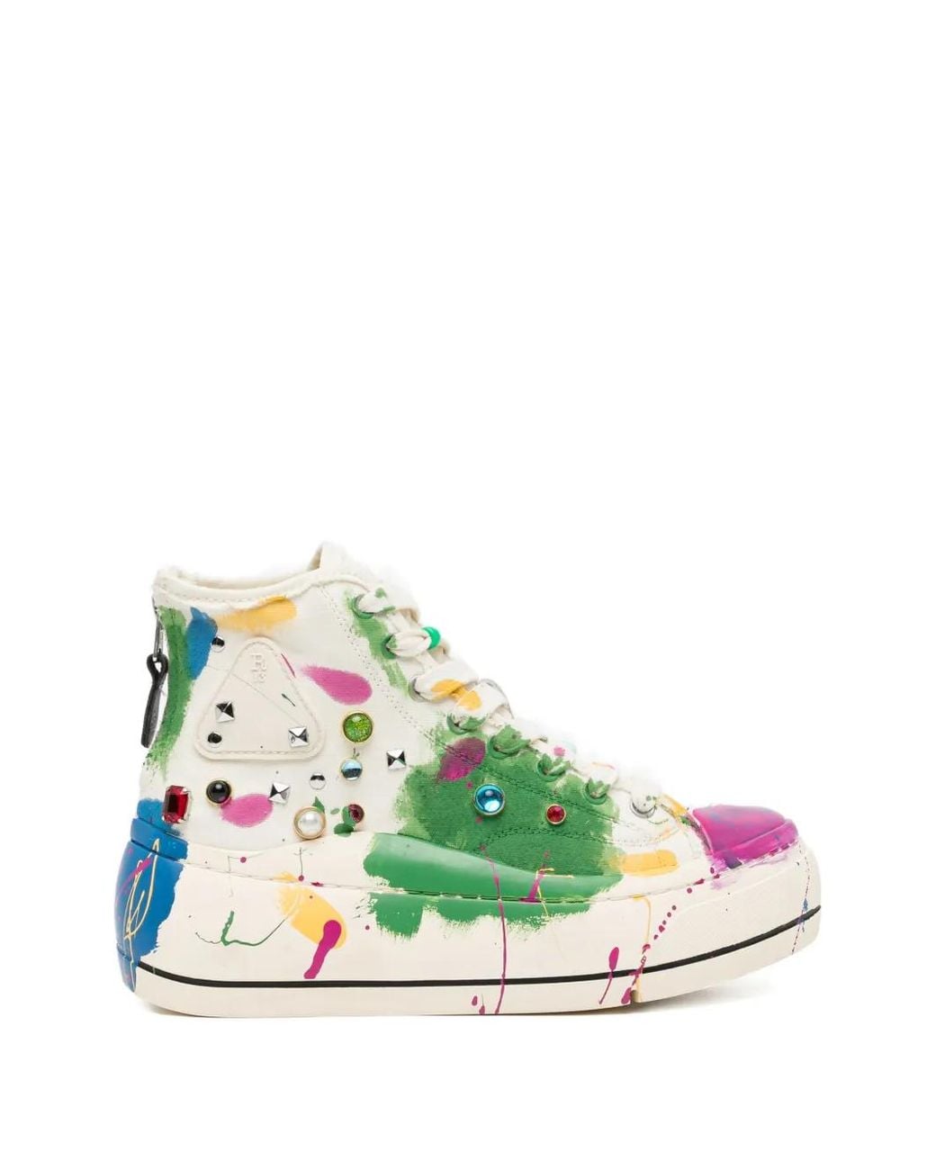R13 Green Paint-Splatter Stud-Embellished Trainers