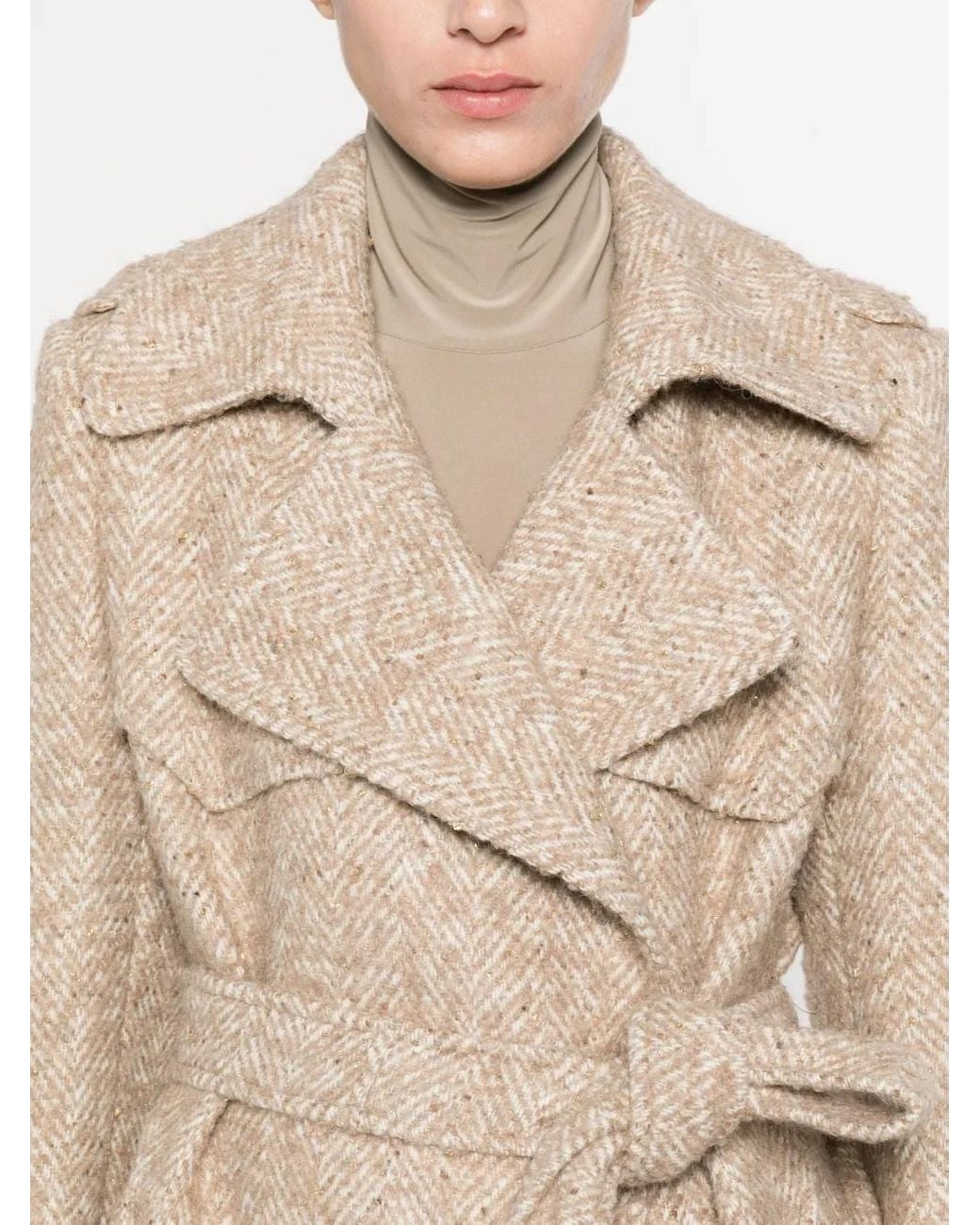 Tagliatore Natural Belted Herringbone-Pattern Coat