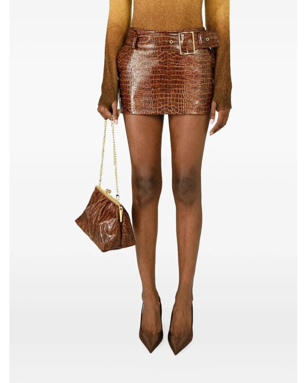 ROWEN ROSE Brown Croco-Effect Belted Mini Skirt