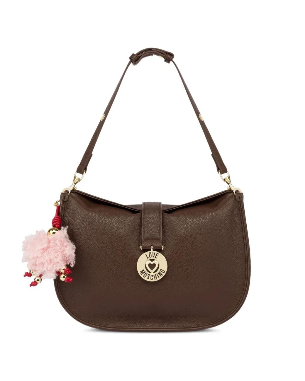 Love Moschino Brown Logo-Plaque Pompom-Detail Shoulder Bag