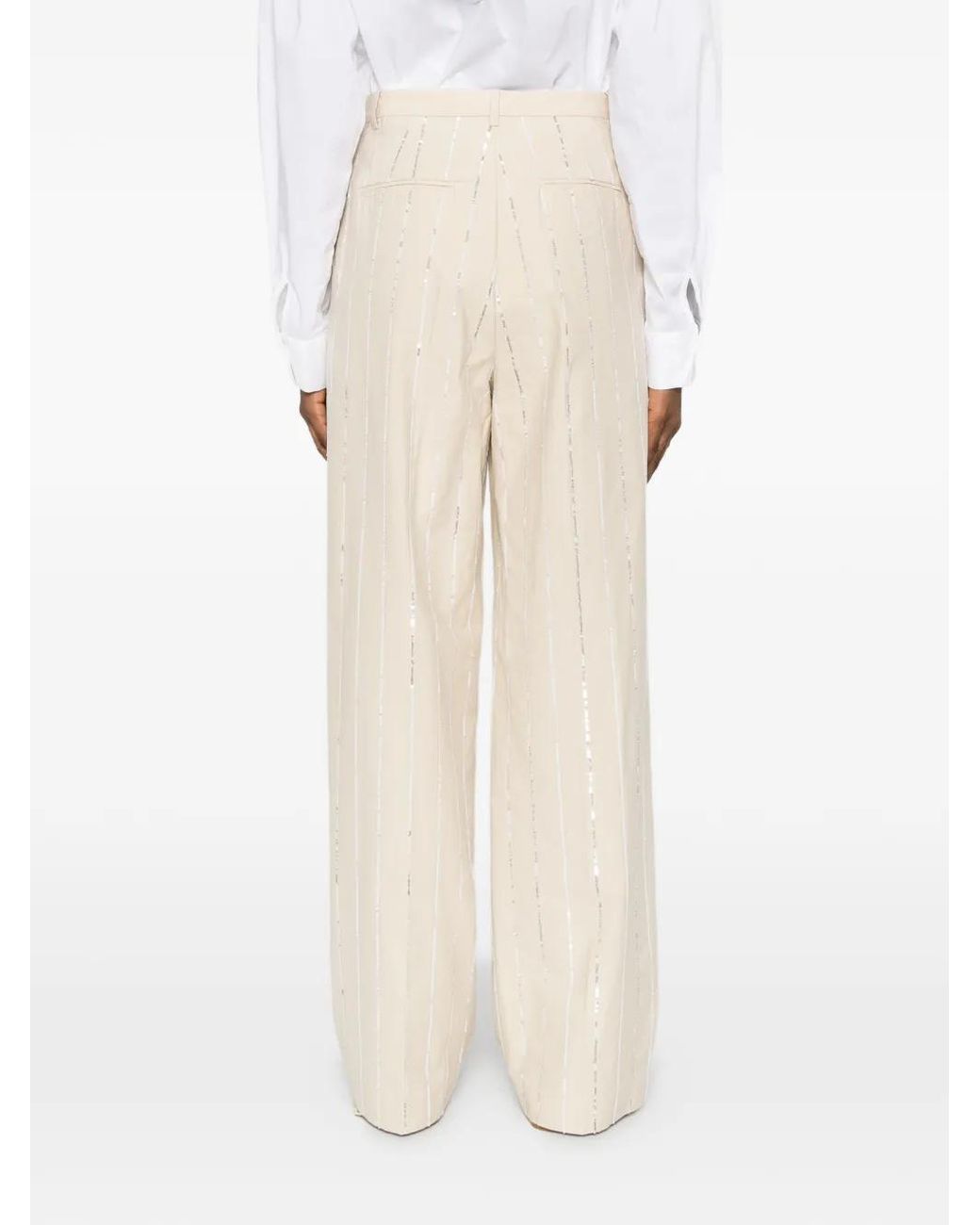 Isabelle Blanche White Sequin-Embellished Pinstripe Trousers