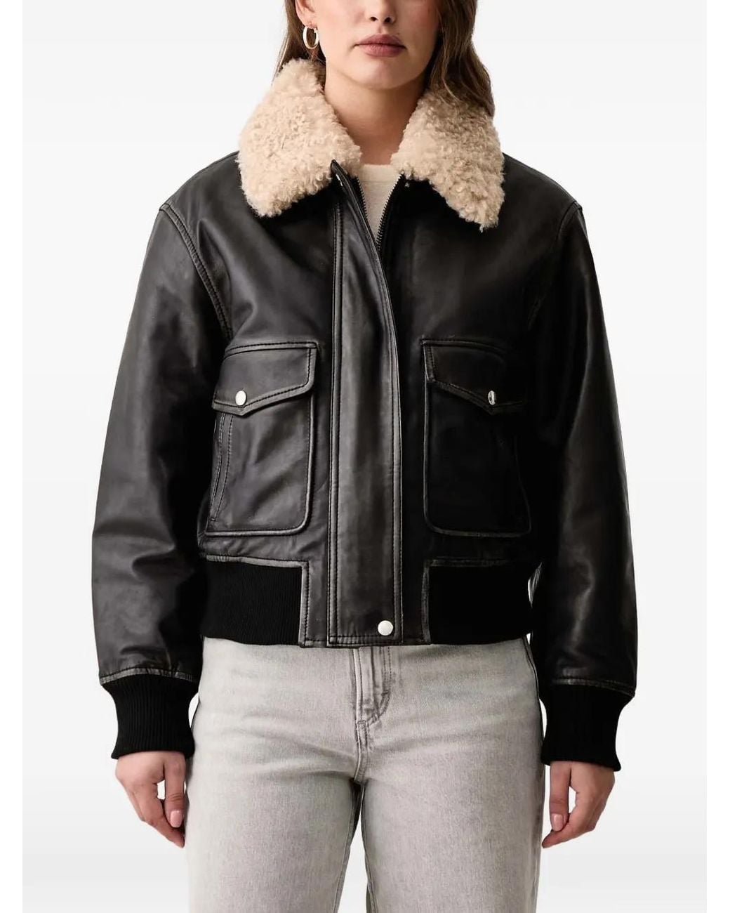 Marc O' Polo Black Faux-Fur-Collar Leather Jacket