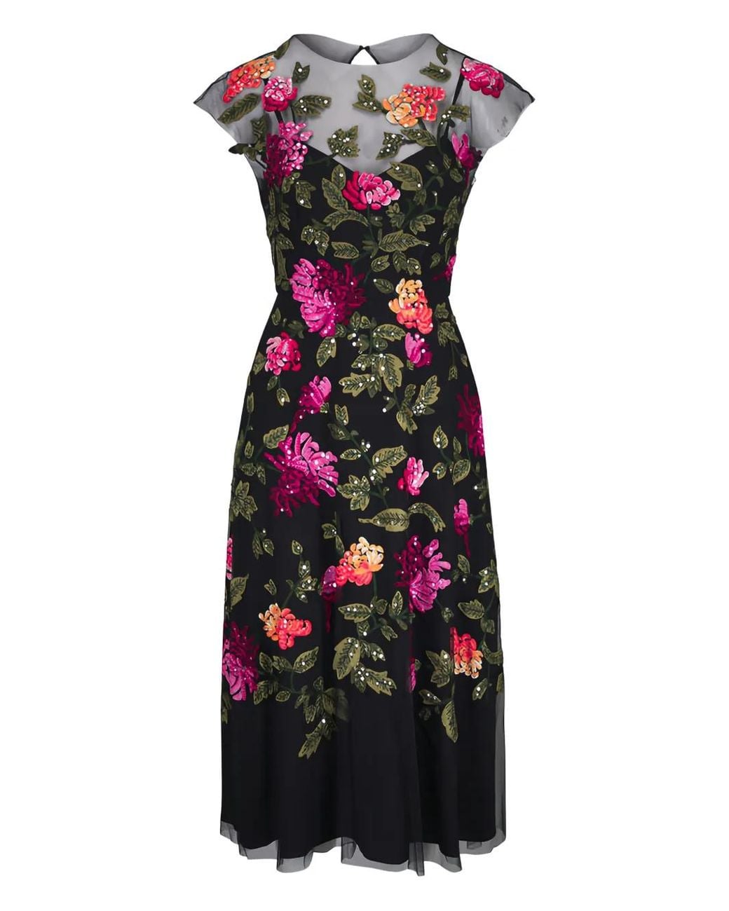 Carolina Herrera Black Floral-Embroidery Tulle Midi Dress