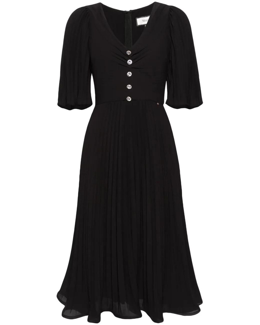 Nissa Black Rhinestone-Embellished Pleated Dress