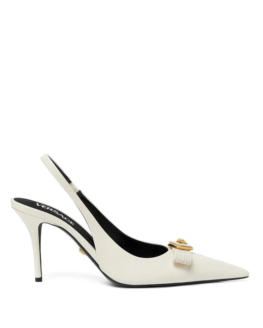Versace White Pointed Toe Slingback Heels With Textured Bow And Medallion