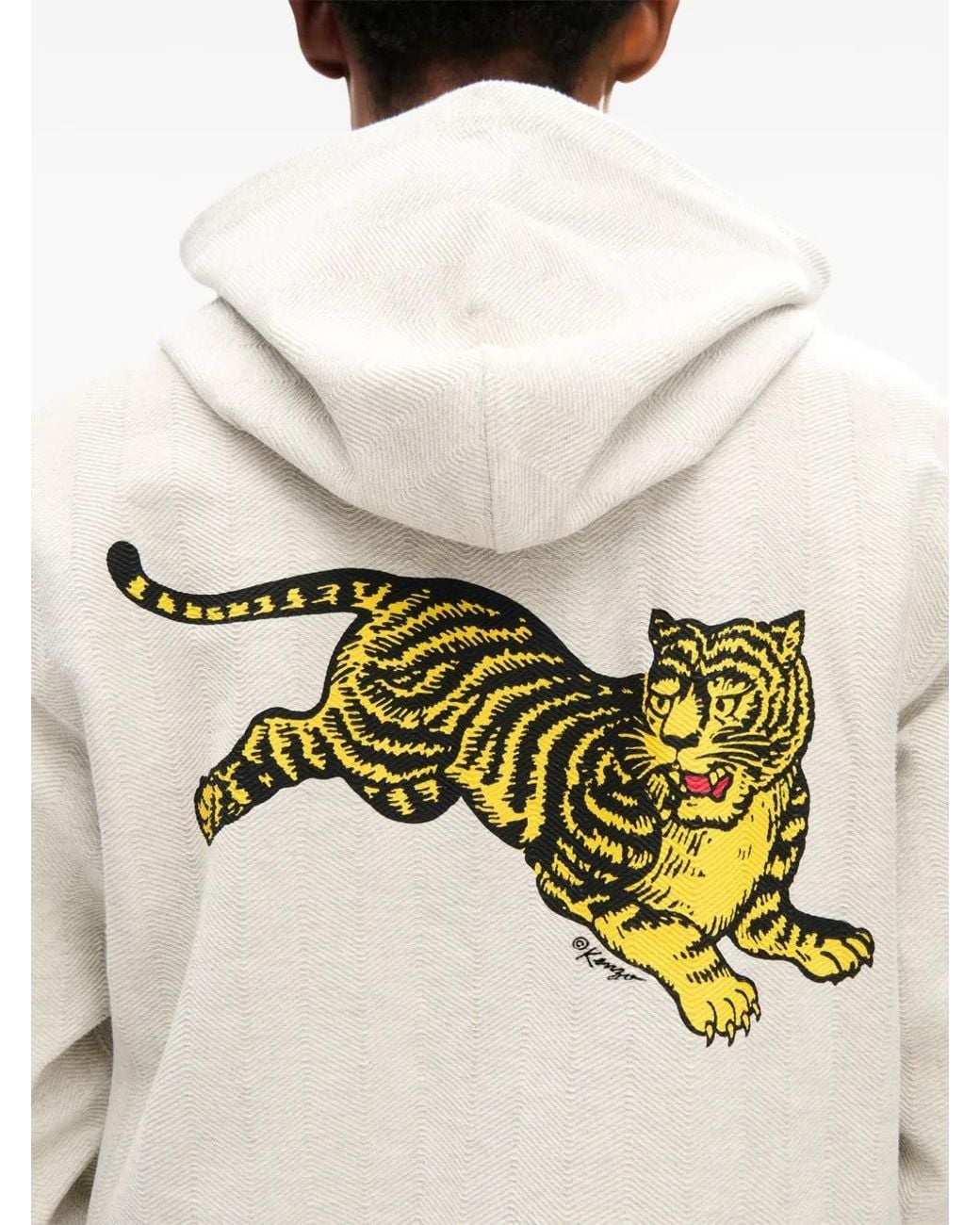 KENZO White Jumping Tiger Herringbone Hoodie for men