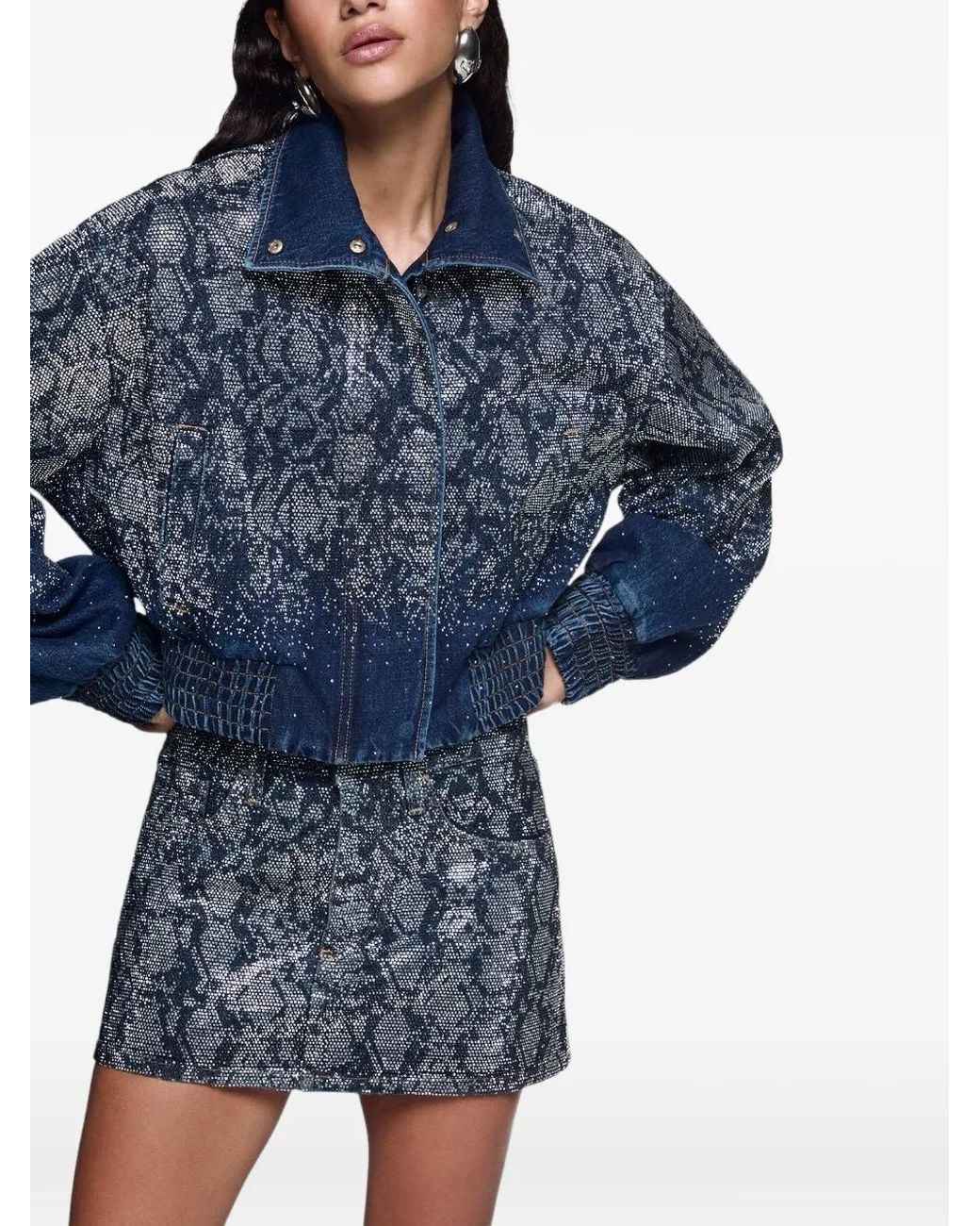 Liu Jo Blue Cropped Denim Bomber With Rhinestones
