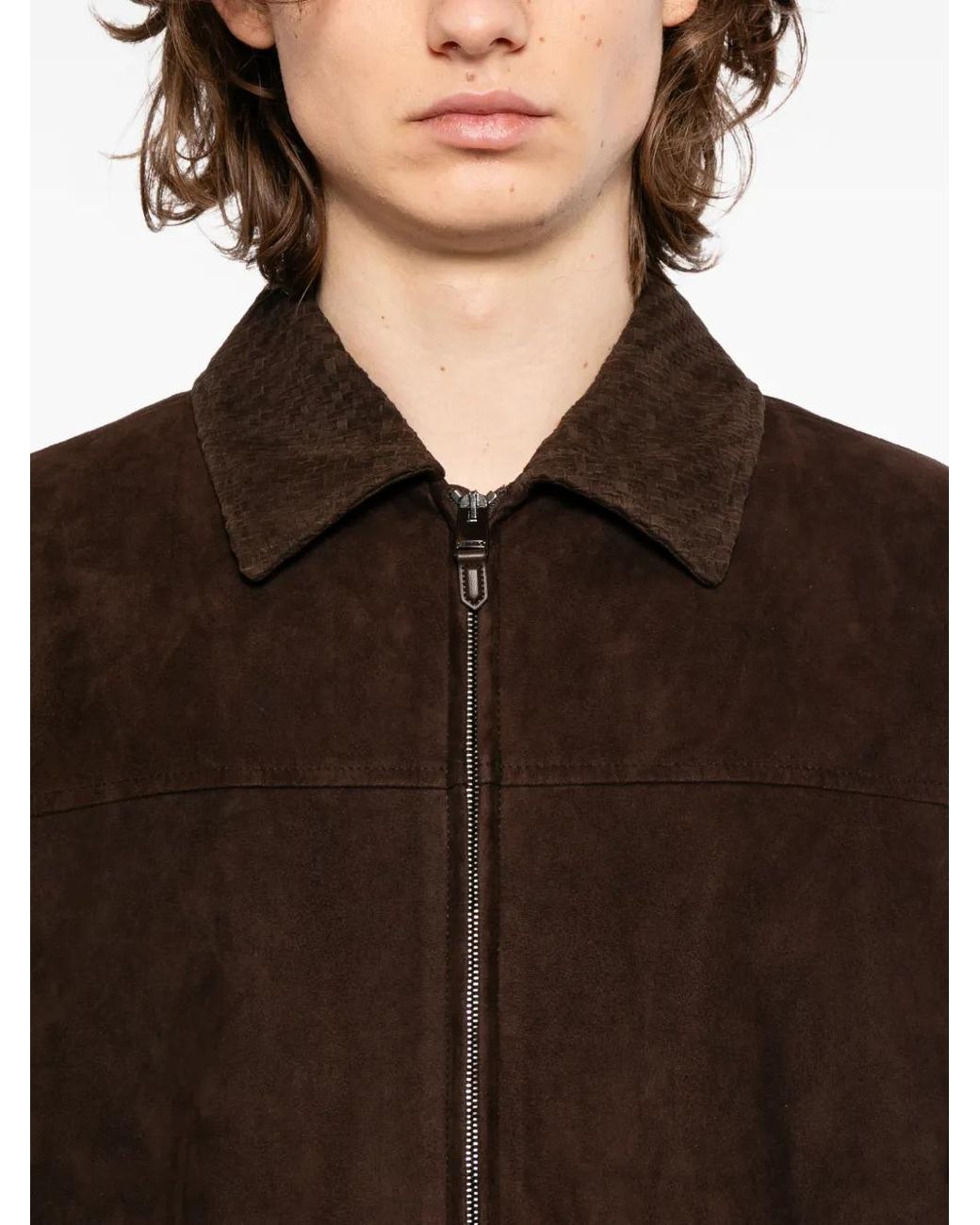 Canali Brown Zip Suede Jacket for men