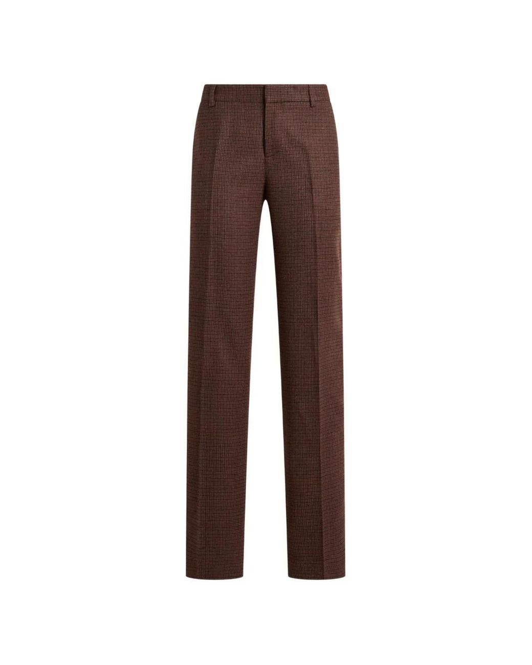 Etro Brown Straight-Leg Wool Trousers With Pheasant Feathers And Micro Houndstooth Motif