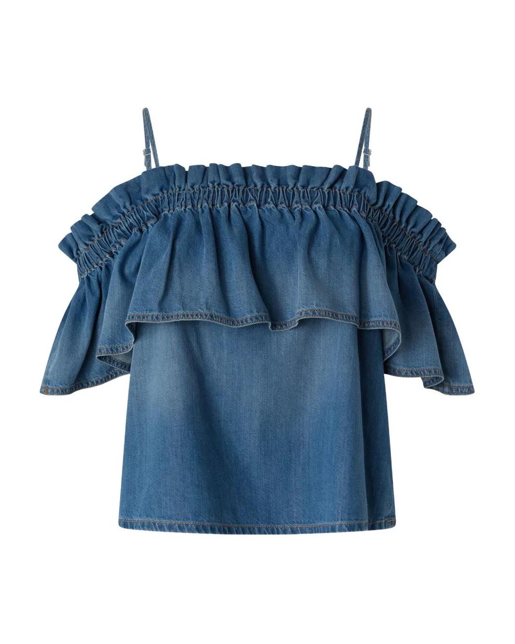 Pinko Denim Top Met Ruches En Open Schouders in het Blue