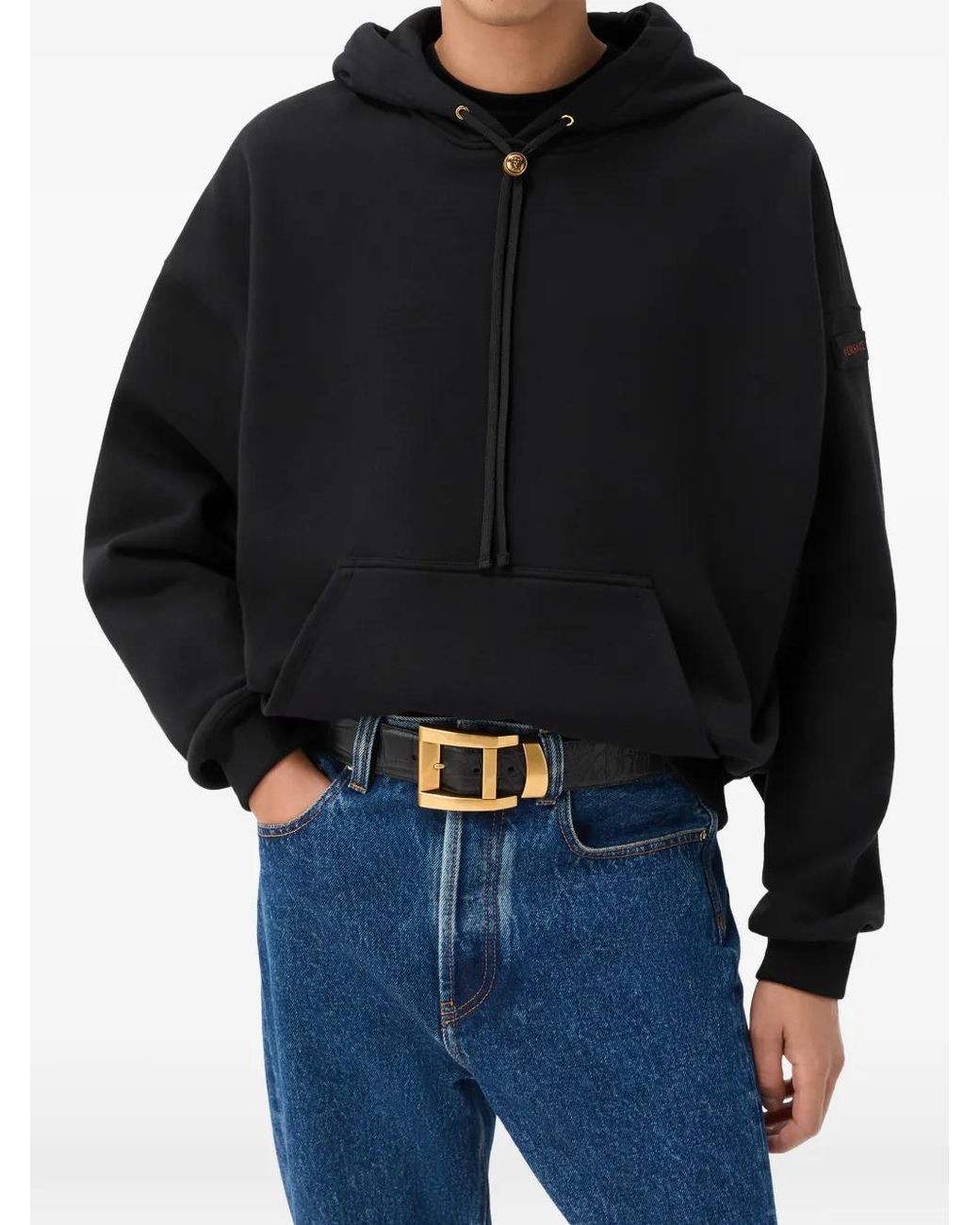 Versace Black Logo-Patch Drawstring Hoodie for men