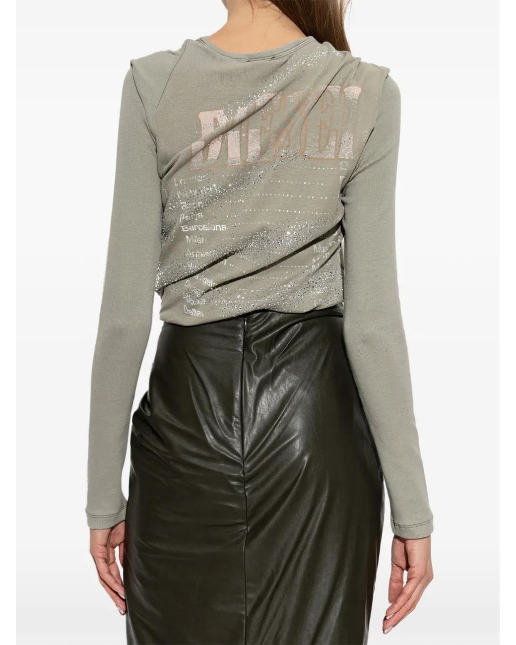 DIESEL White Draped Long-Sleeved Top With Sparkling Embellishment
